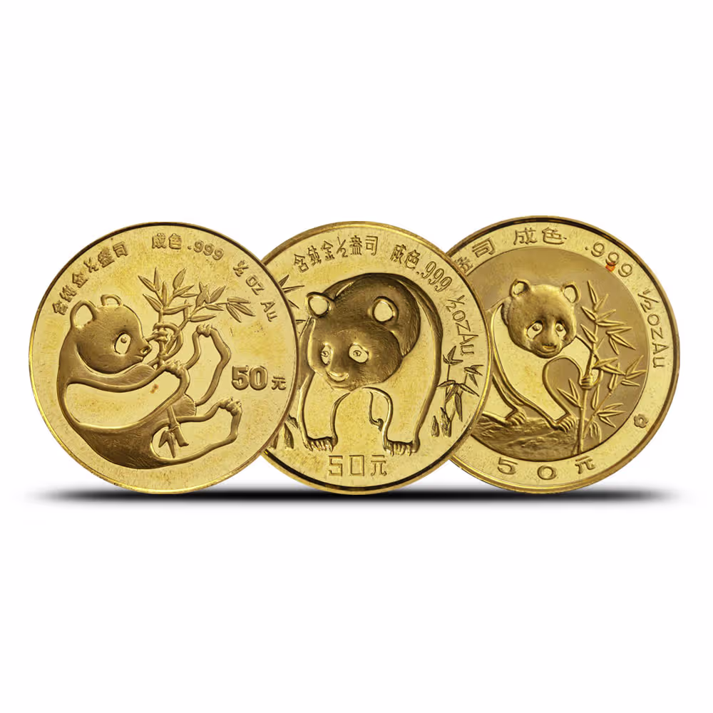 Three gold Panda coins, half ounce, fifty yuan